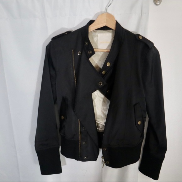Gold Buttoned Silky Black Biker Jacket - Picture 11 of 16